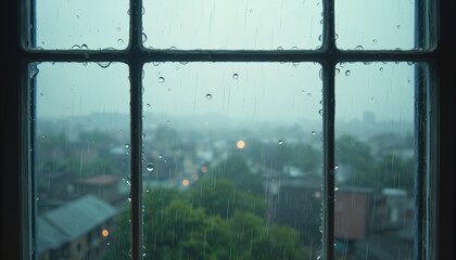 Naklejka premium Rainy day view through paned window with rain drops. Blurred cityscape background with teal and green tones. Moody atmosphere of urban downpour, creating tranquil, serene mood for cozy indoor scenes.