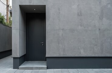 Modern grey building facade with dark grey side entrance door. Architecture features clean lines, concrete composite material finish. Offers minimalist, urban aesthetic suitable for business
