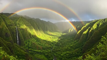 Lush Green Valley with Double Rainbow and Waterfalls - Powered by Adobe