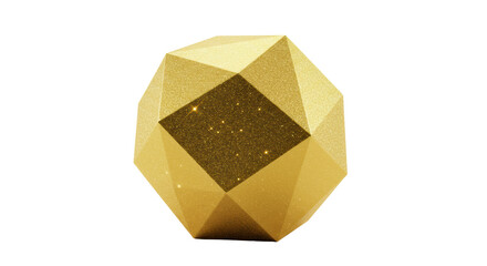 A shimmering abstract golden geometric form with intricate crystalline facets, subtly radiating light against a transparent background. Concept of luxury and innovation