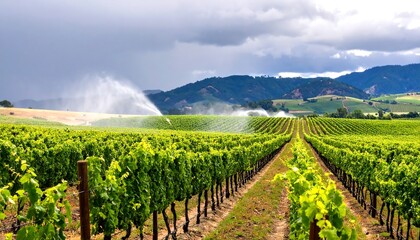 Fototapeta premium Lush Vineyard Rows Under Dramatic Skies with Irrigation Sprinklers in the Distance