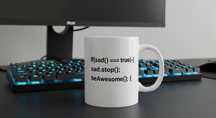 White Mug with Motivational Code on Programmer's Desk