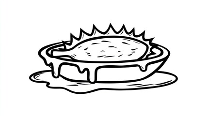 A stylized illustration of a fruit or shellfish in a bowl, with dripping liquid