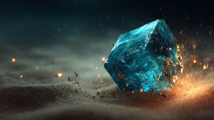 Obraz premium Blue cube gem on sand, sparks fly