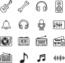 Fototapeta premium Musical instruments audio equipment sound wave symbols guitar wrench