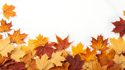 Colorful autumn maple leaves forming a natural border on a white background