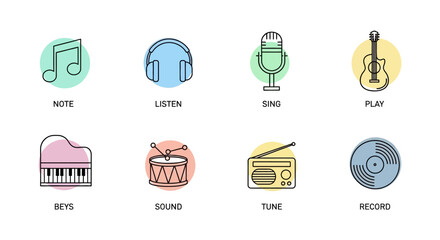 Collection of musical instrument and audio icons with descriptive labels.