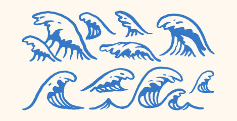 Collection of Ocean Wave in Beach icon in Retro Vintage Style, Surfing, T-shirt, Poster, Nature Waves Coastal Element, Vector Illustration