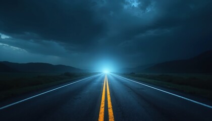 Highway at night under stormy dark sky. Moving asphalt road with bright headlight beams creates motion blur. Journey through landscape towards distant bright light.
