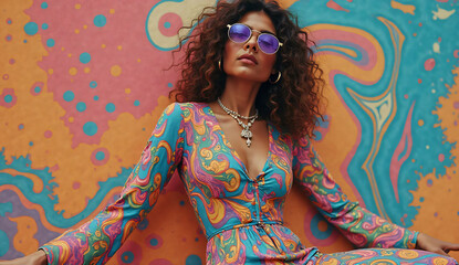 Psychedelic Midi Dress Flatlay on Textured Retro Background