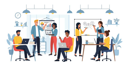 Diverse team collaborating on a business presentation in a modern office setting.