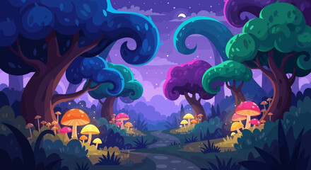 Enchanted Forest with Glowing Mushrooms and Whimsical Trees.