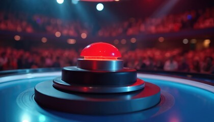 Red shiny button on game show platform, audience watching blurred in background. Represents competition, winning, challenge, or answering questions. Interactive technology for entertainment event.