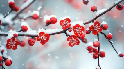 Close-up of red plum blossoms in bloom in the snow