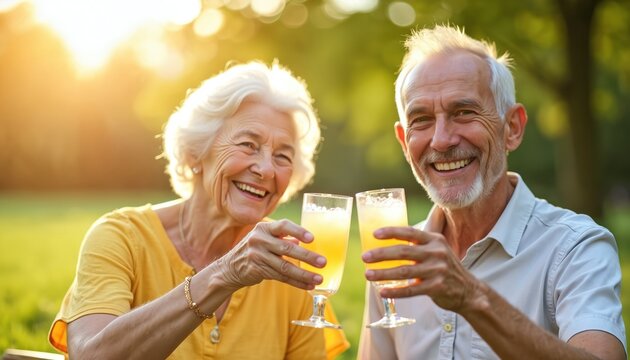 Joyful senior couple toasting with lemonade at sunny outdoor picnic. Elderly man, woman share happy moment of togetherness, companionship on bright summer day. Laughter, relaxation, friendship