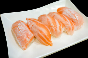 Top view of Fresh Salmon sushi , focus selective