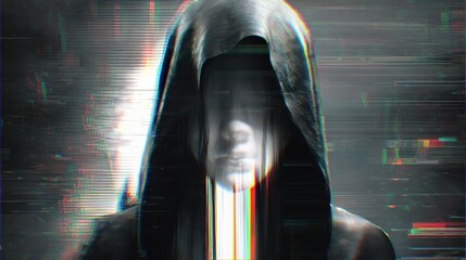 Mysterious figure in hooded cloak, digital glitch overlay