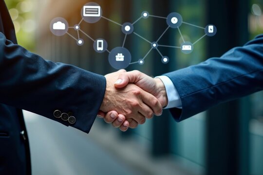 Surreal Photo: Human Hand and Businessman Shaking Hands with Digital Elements Representing Technology-Business Merger