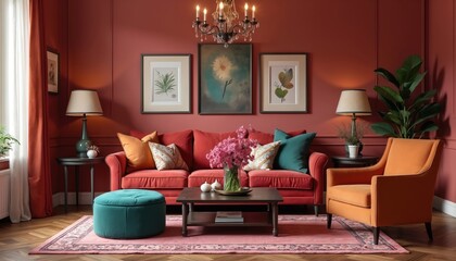 Cozy living room with bold red walls, elegant furniture. Features red sofa, vibrant cushions, art-adorned walls with botanical prints, vintage modern decor. Includes chandelier, bookshelf detail,