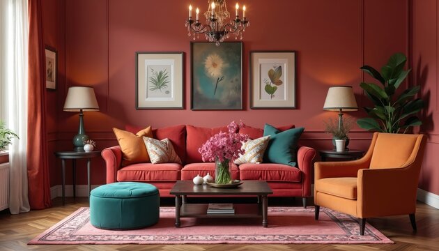 Cozy living room with bold red walls, elegant furniture. Features red sofa, vibrant cushions, art-adorned walls with botanical prints, vintage modern decor. Includes chandelier, bookshelf detail,