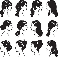 Fototapeta premium Diverse female profiles with varied hairstyles head black