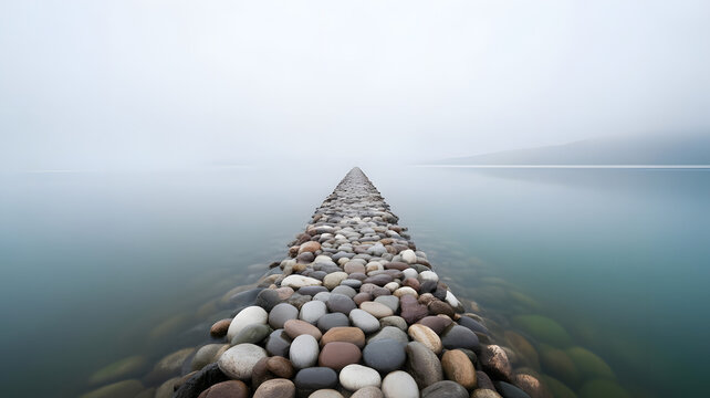 Path of Stones: A serene, symmetrical perspective of a stone path stretches into the distance, meeting the misty horizon over calm waters. A captivating scene of tranquility and journey. - Powered by Adobe