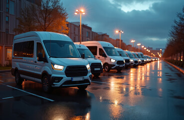 Obraz premium Modern white passenger vans lined up in city street at dusk. Reflecting streetlights on wet asphalt road. Commercial vehicles in automotive industry, business transport services.
