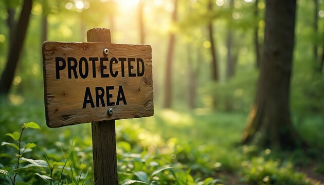 Wooden sign indicates protected area within a sunlit rich green forest. Emphasizes nature conservation, environmental awareness, and peaceful exploration of woodlands.