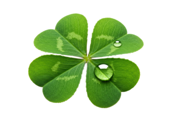 Ultra-realistic, vibrant green four-leaf clover with heart-shaped leaflets and a clear water droplet, isolated on a transparent background with copy space, concept of corporate opportunity and luck