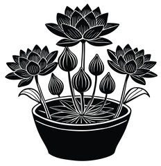 Vector illustration of a pink potted flower with leaves and blossoming petals