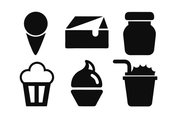Collection of six black and white silhouette icons featuring various sweet treats and drinks, such as ice cream, cupcakes, and beverages, isolated on a white background