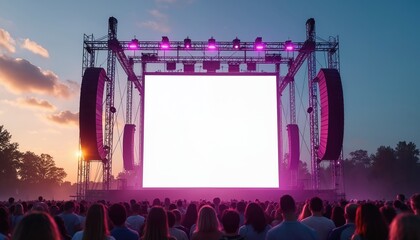 Outdoor music festival stage with large blank screen and powerful sound speakers. Crowd watches performance under twilight sky. Vibrant purple stage lights illuminate event atmosphere.