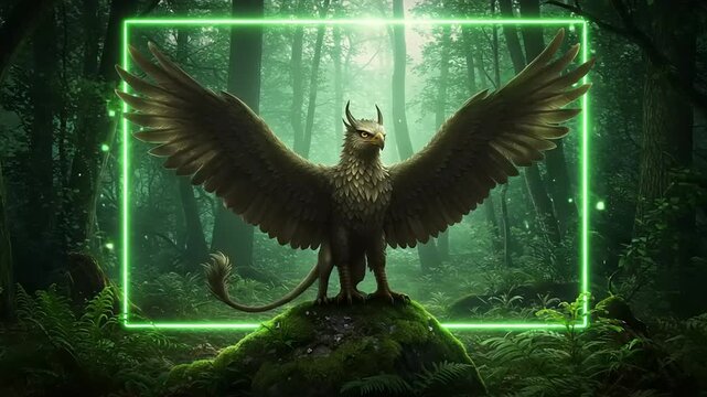 Majestic griffin stands proud in enchanted forest