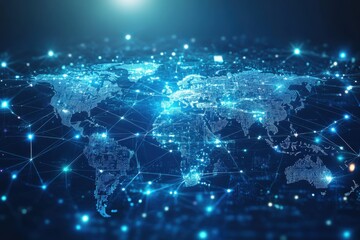 A light blue background with a digital world map and global network connections, representing the concept of international business or connectivity.