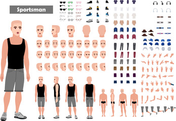 Cartoon 2d man character full body and head man character constructor sets for full body and head rigging
