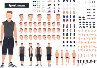 Cartoon 2d man character full body and head man character constructor sets for full 