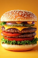 hamburger isolate on yellow background. 