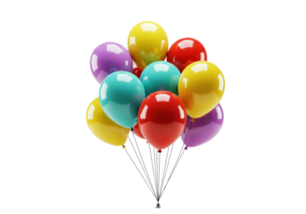Vibrant red, yellow, blue, teal, pink, purple latex and foil balloons, clustered on a transparent studio background. Concept of joy and achievement