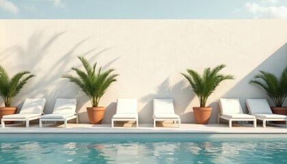 Modern minimalist poolside features white lounge chairs and potted palm trees against a stucco wall. Tropical resort ambiance with clean lines and beige, white decor creates a serene vacation vibe.