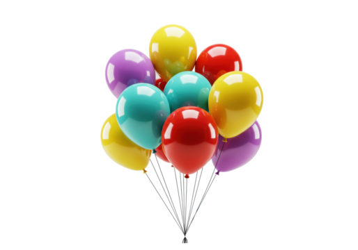 Vibrant red, yellow, blue, teal, pink, purple latex and foil balloons, clustered on a transparent studio background. Concept of joy and achievement