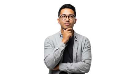 Young Hispanic man, 25-30, smart-casual with black-framed eyeglasses, hand to chin, 'eureka' expression on white studio background, concept of breakthrough and innovation