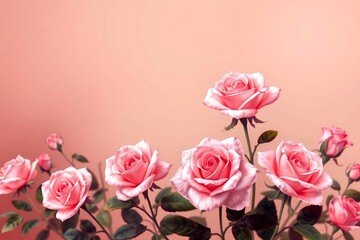 Blooming pink roses in a garden, ideal for florists, perfume ads, or romantic branding.