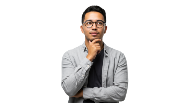 Young Hispanic man, 25-30, smart-casual with black-framed eyeglasses, hand to chin, 'eureka' expression on white studio background, concept of breakthrough and innovation