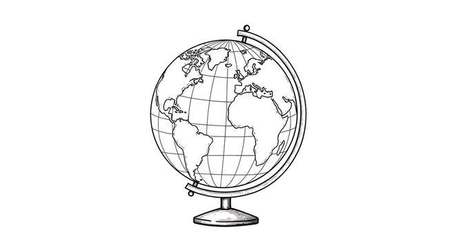 A detailed line drawing of a globe with continents and grid lines on a white background display