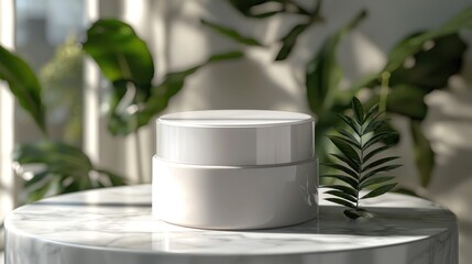 Elegant cream jar on marble, bathed in sunlight, surrounded by greenery
