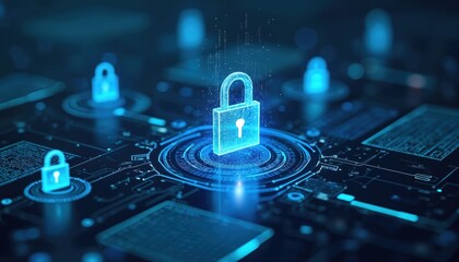 Futuristic digital padlock icons glowing on abstract blue neon platform. Cybersecurity concept represents data encryption protection, online network system access, cloud computing storage defense,