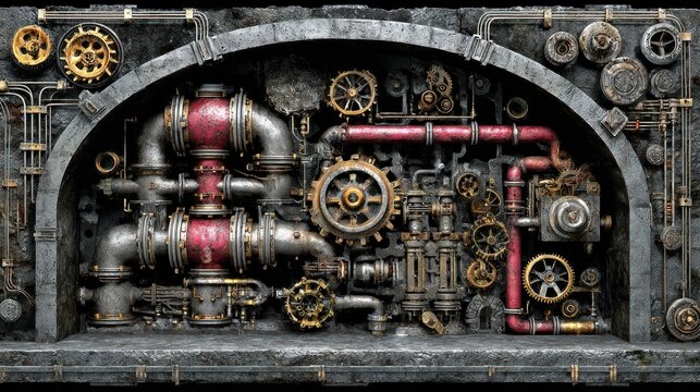 Intricate steampunk panel, gears and pipes