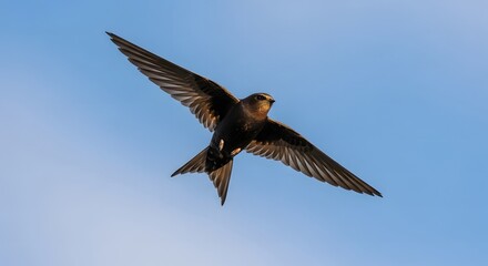 Obraz premium A solitary swift soars through the open blue sky, its wings outstretched in a majestic display of aerial grace.