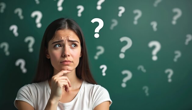 Young woman displays confused expression, surrounded by scattered question marks against green background. Hand touches chin thoughtfully. Represents uncertainty, decision making, seeking answers.