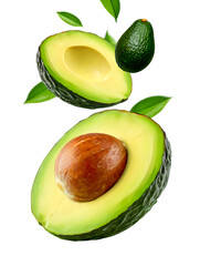 Png fresh, ripe avocado halves with leaves floating in the air, isolated on a transparent background, showcasing the vibrant green flesh and brown seed transparent background